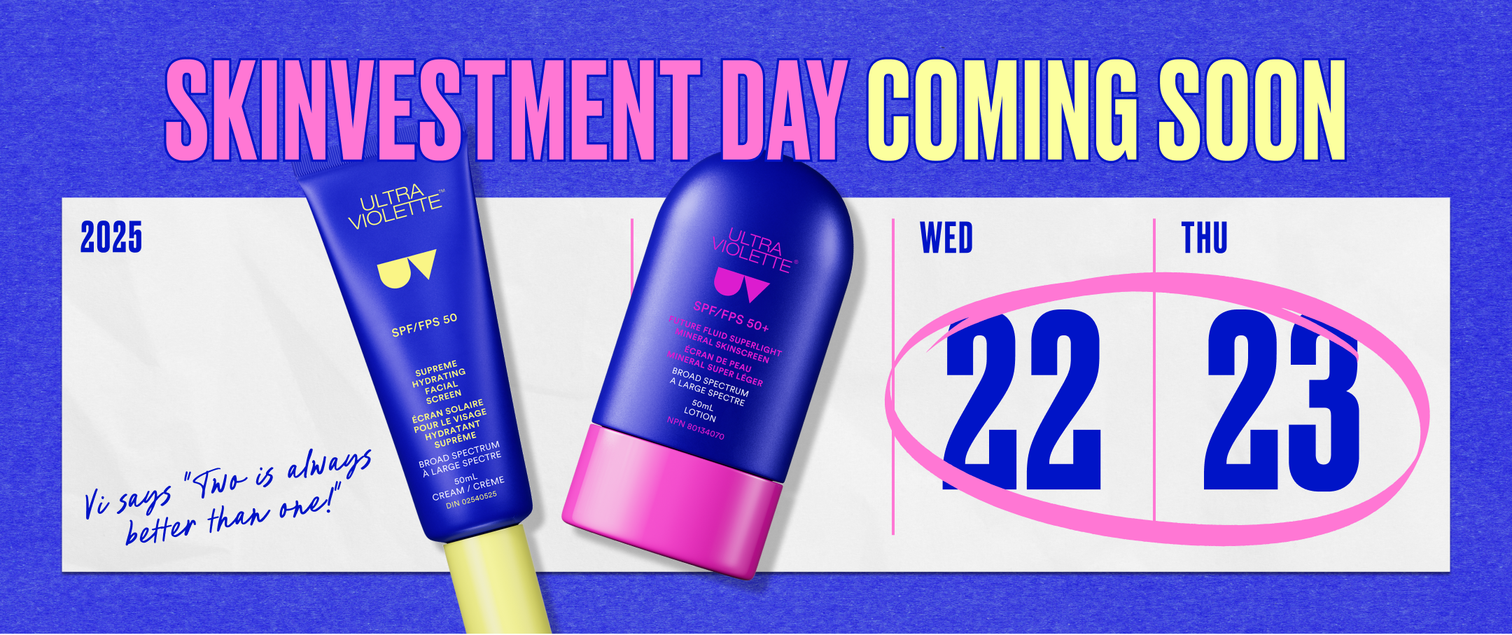 Promotional graphic for 'Skinvestment Day' with skincare products and event details on a blue background.